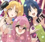  +_+ 3girls :d :p \m/ ahoge blonde_hair blue_hair blurry blurry_background blush bocchi_the_rock! brand_name_imitation can closed_mouth collarbone commentary_request cube_hair_ornament eyelashes friends gotou_hitori hair_between_eyes hair_ornament hairclip hands_up happy highres holding holding_can ijichi_nijika jacket kanaria_hisagi long_hair looking_at_viewer medium_hair mole mole_under_eye monster_energy multiple_girls ok_sign one_side_up open_mouth parted_bangs party pink_hair pink_jacket purple_shirt red_eyes round_teeth shirt side_ponytail sidelocks simple_background smile star-shaped_eyewear sunglasses teeth tongue tongue_out upper_teeth_only v white_shirt yamada_ryou yellow_eyes 