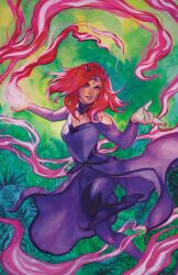  1girl amaranth_(marvel) boots brown_eyes clothing_cutout comic_cover commentary dress english_commentary fake_horns floating_clothes floating_hair gouache_(medium) green_background highres horns leggings looking_at_viewer marker_(medium) marvel medium_hair meghan_hetrick official_art painting_(medium) parted_lips pink_lips purple_boots purple_dress purple_leggings red_hair shoulder_cutout solo thigh_boots traditional_media watercolor_(medium) western_comics_(style) witch 