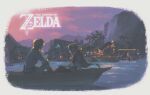  blonde_hair blue_tunic blue_vest boat commentary dusk gradient_sky highres kchang57 link ocean palm_tree princess_zelda princess_zelda_(botw) sitting sky the_legend_of_zelda the_legend_of_zelda:_breath_of_the_wild tree vest village watercraft 