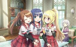  4girls ^_^ aqua_bow aqua_bowtie artist_request azusa_mifuyu black_sleeves blonde_hair blue_eyes blue_hair bow bowtie breast_pocket brown_hair brown_scrunchie center_frills clenched_hand closed_eyes closed_mouth collarbone collared_shirt couch cowboy_shot day dot_nose dress frills game_cg girl_sandwich gold_buttons grey_hair hair_between_eyes hair_horns hair_intakes hair_ornament hair_ribbon hair_scrunchie hand_on_own_chin hand_on_own_elbow happy high-waist_skirt high_collar high_ponytail highres holding_another's_arm indoors jealous jewelry kamihama_university_affiliated_school_uniform lamp layered_sleeves light_blush light_particles living_room long_hair long_sleeves magia_record:_mahou_shoujo_madoka_magica_gaiden mahou_shoujo_madoka_magica mahou_shoujo_madoka_magica_magia_exedra miniskirt mizuna_girls'_academy_school_uniform multiple_girls nanami_yachiyo nape_braid neck_ribbon official_art on_couch open_mouth pillow pink_eyes plaid_clothes plaid_skirt pleated_dress pleated_skirt pocket ponytail purple_dress red_ribbon red_sailor_collar red_skirt ribbon ring rug sailor_collar sandwiched school_uniform scrunchie shirt shirt_under_dress short_hair short_over_long_sleeves short_sleeves side_ponytail sidelocks sitting skirt sleeves_past_wrists smile standing straight_hair sweatdrop table tareme tassel television third-party_source togame_momoko wavy_hair wavy_mouth white_ribbon white_shirt window wooden_floor yui_tsuruno 