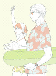  1boy 1girl :d arm_up bandana bare_shoulders ben-day_dots bikini bikini_top_only blue_eyes blush breasts collarbone commentary_request cowboy_shot earrings floral_print_shorts from_side hawaiian_shirt highres jewelry looking_at_viewer print_shorts profile red-tinted_eyewear red_eyes red_hair screentones shirt short_hair shorts sideways_glance smile spy_x_family standing sunbo_zatta sunglasses swimsuit teeth tinted_eyewear twilight_(spy_x_family) upper_teeth_only very_short_hair watch watch yellow_shorts yor_briar 