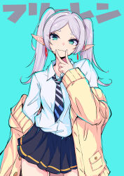  1girl :3 absurdres alternate_costume aqua_background black_bow black_bowtie black_skirt bow bowtie cardigan cardigan_partially_removed character_name commentary_request contemporary cowboy_shot diagonal-striped_bow diagonal-striped_bowtie diagonal-striped_clothes dress_shirt earrings fingernails frieren green_eyes grey_hair highres jewelry karan_koron100 long_hair looking_at_viewer miniskirt parted_lips pleated_skirt pointy_ears school_uniform shirt shirt_tucked_in simple_background skirt solo sousou_no_frieren striped_bow striped_bowtie striped_clothes teardrop_earrings thick_eyebrows thighs twintails v v_over_mouth very_long_hair white_shirt yellow_cardigan 