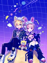  1boy 1girl absurdres animal_ear_helmet animal_ears animal_helmet black_collar black_jacket black_leg_warmers black_leggings black_shorts black_straps blonde_hair blue_background blue_hood blunt_bangs blush boots cat_ears clothes_writing collar colored_inner_hair debitto_(makaino_ririmu) drawstring fake_animal_ears fangs fingerless_gloves flame_print food_print fruit_print full_body gloves gradient_background green_eyes grey_hair hair_ornament hair_over_one_eye hairclip heart heart_print heart_sticker helmet hidoro_rara highres holding holding_stuffed_toy hood hood_down hoodie jacket lace-up_boots lapels leg_belt leg_tattoo leg_warmers leggings lightning_bolt_print makaino_ririmu makaino_ririmu_(6th_costume) miniskirt moon multicolored_hair nijisanji notched_lapels o-ring o-ring_collar o-ring_thigh_strap on_mini_planet on_moon open_clothes open_jacket open_mouth pink_hair pink_jacket pink_shoes pink_skirt pink_streaks pixel_art_inset pointy_ears polka_dot print_hoodie purple_background rabbit_ears red_eyes shoelaces shoes short_hair shorts sitting skirt sleeves_past_wrists space_helmet spiked_collar spikes star_(symbol) star_sticker sticker strawberry_print streaked_hair stuffed_animal stuffed_rabbit stuffed_toy tattoo thigh_strap torn_clothes torn_leggings two-sided_fabric two-sided_jacket two-tone_hair uzuki_kou uzuki_kou_(5th_costume) virtual_youtuber white_boots white_helmet white_hoodie winged_heart winged_heart_tattoo wolf_cut yellow_trim 