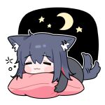  1girl :3 animal_ears arknights black_hair blush_stickers chibi closed_eyes crescent_moon ear_piercing huang_qing_ye long_hair lowres moon piercing pillow redhead sidelocks simple_background sleeping solo tail tail_wagging texas_(arknights) white_background wolf_ears wolf_girl wolf_tail 