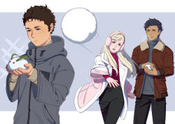  1girl 2boys black_pants blonde_hair brown_hair brown_jacket enelous gigi_andalusia gundam gundam_hathaway's_flash hathaway_noa highres holding holding_snowball hood hooded_jacket jacket kenneth_sleg looking_at_another multiple_boys open_clothes open_jacket pants smile snowball snowball_fight throwing winter_clothes 