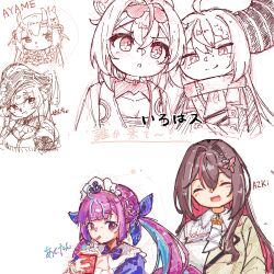  6+girls ahoge azki_(4th_costume)_(hololive) azki_(hololive) blue_bow blue_dress blue_streaks bow character_name closed_eyes closed_mouth colored_inner_hair commentary demon_girl demon_horns dress hair_bow hololive horns houshou_marine houshou_marine_(1st_costume) kazama_iroha kazama_iroha_(1st_costume) la+_darknesss la+_darknesss_(1st_costume) long_hair looking_at_viewer maid maid_headdress multicolored_hair multiple_girls nakiri_ayame nakiri_ayame_(1st_costume) official_alternate_costume oni pink_hair pink_streaks skin-covered_horns smile streaked_hair twintails u_da_desu violet_eyes virtual_youtuber white_background white_headdress white_streaks 