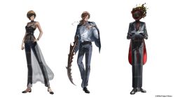  1boy 1girl 1other absurdres black_gloves black_jacket black_pants black_shirt black_shoes brown_eyes brown_hair bug clock cockroach collared_shirt commentary_request copyright_notice dante_(limbus_company) fire gloves gregor's_cockroach_(project_moon) gregor_(project_moon) highres jacket jacket_on_shoulders limbus_company low_ponytail nero_hanken object_head official_art outis_(project_moon) pants ponytail project_moon sample_watermark shirt shoes simple_background sleeveless sleeveless_shirt smoke smoking watermark white_background white_shirt 