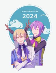  2024 2boys antlers asymmetrical_sidelocks black_gloves blonde_hair blue_hair closed_eyes clouds collared_shirt commentary crossed_arms double-parted_bangs facing_viewer ganada_404 gloves hair_between_eyes highres holding horns kamishiro_rui long_sleeves male_focus multicolored_hair multiple_boys open_mouth orange_eyes project_sekai purple_hair shirt short_hair sidelocks smile star_(symbol) streaked_hair tenma_tsukasa two-tone_hair upper_body 
