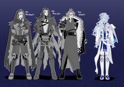  4boys :d abs antenna_hair armor armored_boots arms_behind_back beard_stubble belt belt_pouch black_gloves blue_background blue_hair book_holster boots braid cape chest_belt coat coat_on_shoulders commentary crimzon_ruze english_commentary english_text facial_hair flask flower full_body fur-trimmed_coat fur_trim glasses gloves goldbullet goldbullet_(2nd_costume) gorget greyscale hair_flower hair_ornament hair_over_one_eye highres holoarmis holostars holostars_english hood hooded_cape hoto_11010 japanese_armor japanese_clothes jurard_t_rexford kimono knee_armor lace-up_boots long_hair looking_at_another looking_to_the_side low_side_ponytail male_focus medium_hair monochrome multiple_belts multiple_boys multiple_braids mustache_stubble octavio octavio_(2nd_costume) odd_one_out official_alternate_costume outline pauldrons pink_eyes plunging_neckline poleyn ponytail pouch red_eyes sabaton shadow shirt shoulder_armor skull smile spoken_expression spot_color striped_background stubble thigh_boots torn_cape torn_clothes violet_eyes virtual_youtuber white_boots white_flower white_outline white_shirt yellow_eyes 