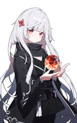  1girl absurdres albino beudelb black_scarf closed_mouth commentary commission commissioner_upload english_commentary enpera flower hair_between_eyes hair_flower hair_ornament highres holding japanese_clothes long_hair long_sleeves looking_at_viewer maxine_poshon original pale_skin pixiv_commission red_eyes red_flower scarf simple_background solo standing upper_body very_long_hair white_background white_hair 