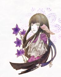  1girl au_ra black_hair blue_ribbon commentary copyright_name final_fantasy final_fantasy_xiv fishnets flower green_eyes hair_ribbon horns long_hair low_ponytail pink_horns pink_scales ponytail purple_flower ribbon ruka_(blueplus84) scales solo twitter_username yugiri_mistwalker 