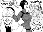  1boy 4girls absurdres ada_wong bb_(baalbuddy) black_hair breasts covered_navel english_text fur_collar highres jacket large_breasts leon_s._kennedy meme multiple_girls navel no_way_fag_(meme) open_clothes open_jacket resident_evil resident_evil_2 resident_evil_2_(remake) resident_evil_4 resident_evil_4_(remake) resident_evil_6 shaded_face short_hair simple_background speech_bubble talking white_background 