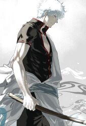  1boy arm_out_of_sleeve black_shirt closed_mouth cowboy_shot gintama highres holding holding_sword holding_weapon japanese_clothes kimono muscular muscular_male nil_note0 profile red_eyes sakata_gintoki shirt short_sleeves solo sword weapon white_hair white_kimono wooden_sword 