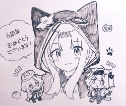  1boy 2girls :3 animal_ears arknights braid cat_ears cat_girl cat_tail chibi commentary_request creator_connection fang fang_out goldenglow_(arknights) highres hood hood_up long_hair looking_at_viewer maguro_kan mizuki_(arknights) monochrome multiple_girls notice_lines pepe_(arknights) photo_(medium) side_braid sidelocks single_braid skin_fang smile tail traditional_media translated 