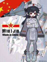  1girl aircraft airplane artist_name black_hair canards chengdu_j-10 fighter_jet hat highres jitome mecha_musume military_vehicle nurse_cap original pckcool pelvic_curtain people's_liberation_army people's_liberation_army_air_force personification red_eyes red_nails red_star solo star_(symbol) twintails_with_hair_base 