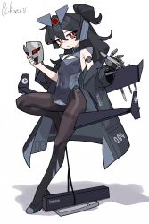  1girl black_pantyhose china_dress chinese_clothes commentary_request covered_navel dress drone highres holding holding_mask mask mecha_musume mechanical_arms off-shoulder_jacket off_shoulder original pantyhose pckcool pelvic_curtain people's_liberation_army people's_liberation_army_air_force personification red_eyes single_mechanical_arm solo standing standing_on_one_leg unmanned_aerial_vehicle unworn_mask white_background xi'an_ss-uav 