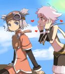 2girls ? blue_hair blue_sky blush hands_on_own_face heart long_sleeves looking_at_another multiple_girls pink_hair pratty short_hair sky sugarette summon_night twintails two_side_up violet_eyes white_hair yeyuge