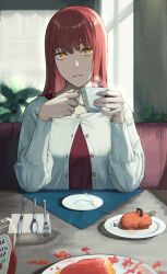  1girl artist_name butter_knife buttons cardigan chainsaw_man chair cup elbow_rest food fork hands_up highres holding holding_cup indoors ketchup_bottle knife light_smile long_hair long_sleeves looking_at_viewer makima_(chainsaw_man) parted_lips plant plate pochita_(chainsaw_man) potted_plant red_hair red_shirt restaurant ringed_eyes saucer shirt sitting solo spoon table teacup teaspoon tooku0 upper_body white_cardigan window yellow_eyes 