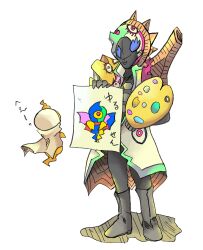  1boy 1girl abstract black_boots black_skin blue_eyes boots cape character_name coat colored_skin commentary extra_eyes full_body gazai_gamma ghost holding horns hoshirubi_(twenty) kamen_rider kamen_rider_ghost_(series) monster no_humans no_pupils paint paint_palette painting_(object) simple_background single_horn sketch smile spikes standing tokusatsu traditional_media translated white_background white_cape white_coat yurusen 