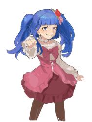  1girl blue_eyes blue_hair bow brown_pantyhose commentary cropped_legs dress english_commentary furudo_erika highres long_sleeves mirumiruchan pantyhose pink_bow pink_dress pointing pointing_at_viewer simple_background sketch smile solo teeth twintails umineko_no_naku_koro_ni white_background 
