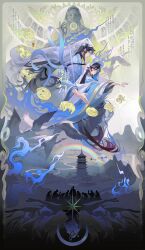  1boy 1girl absurdres ahoge animal architecture bird black_hair blue_ribbon blue_shawl buddhism chinese_clothes chinese_zodiac clouds east_asian_architecture ershisi_shao_qing gradient_hair hanfu highres long_hair long_sleeves looking_at_viewer mountain multicolored_hair original parted_bangs people profile rainbow red_eyes ribbon shawl statue veil white_veil wide_sleeves 