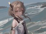  1girl absurdres alternate_costume bare_shoulders blue_sky blush brown_eyes brown_hair dated day hair_between_eyes headgear highres kantai_collection looking_at_viewer ocean one-hour_drawing_challenge outdoors parted_lips shidou_(shiyou_j) short_hair_with_long_locks sky solo taihou_(kancolle) twitter_username upper_body water 