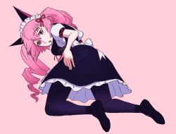  1girl :o akiha_rumiho animal_ears artist_request black_dress black_shoes black_thighhighs blush cat_ears commission dress drill_hair fake_animal_ears from_behind highres kneeling lace-trimmed_sleeves lace_trim long_hair looking_at_viewer maid maid_headdress mayqueen_maid_uniform non-web_source open_mouth pantyhose petticoat pink_eyes pink_hair puffy_short_sleeves puffy_sleeves science_adventure shoes short_sleeves solo steins;gate teeth thigh-highs twin_drills upper_teeth_only violet_eyes 