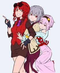  3girls adapted_costume alternate_costume bespectacled black_gloves blue_shirt bow bowtie breasts brooch brown_hairband brown_shirt brown_skirt closed_mouth collared_shirt commentary_request detached_sleeves dress eyeball eyewear_on_head fingerless_gloves glasses gloves grey_hair grin hair_ornament hairband heart heart_hair_ornament highres horikawa_raiko hug hug_from_behind jacket jewelry kashiwagi_(pixiv35005989) kishin_sagume komeiji_satori looking_at_viewer medium_breasts miniskirt multiple_girls necktie open_clothes open_jacket pink_eyes pink_hair pink_skirt purple_dress purple_necktie red_eyes red_hair red_nails red_vest shirt simple_background skirt sleeveless sleeveless_shirt smile suit_jacket sunglasses third_eye touhou vest 