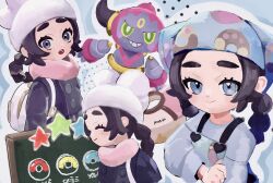  1girl :o ansha_(pokemon) apron backpack bag black_hair blue_eyes closed_mouth coat commentary_request doughnut eyelashes food grey_shirt hat highres hoopa hoopa_(confined) long_hair lower_teeth_only moyu_u0 multiple_views open_mouth pink_scarf pokemon pokemon_(creature) pokemon_legends:_z-a scarf shirt signature smile teeth white_bag white_hat 