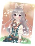  1girl animal_ears blush bow bowtie brooch dress fake_animal_ears grass grey_hair hair_between_eyes hair_bow hairband happy_birthday idolmaster idolmaster_cinderella_girls idolmaster_cinderella_girls_starlight_stage jewelry kanzaki_ranko long_hair looking_at_viewer mouse_ears pink_eyes plaid plaid_dress short_sleeves smile solo sparkle upper_body wrist_cuffs yo_ranko0408 