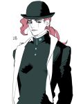  1boy aged_up bowler_hat cherry_earrings earrings food-themed_earrings gakuran hat jewelry jojo_no_kimyou_na_bouken kakyoin_noriaki long_hair male_focus morikiri redhead scar scar_across_eye school_uniform solo stardust_crusaders stole violet_eyes white_background 