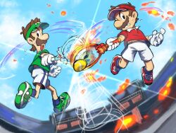  2girls ball blue_eyes blue_sky brothers brown_hair day facial_hair fire gloves green_hat green_shirt green_shoes hat highres holding holding_tennis_racket luigi luigi_(modern_tennis) mario mario_(modern_tennis) mario_tennis mario_tennis_fever multiple_girls mustache official_alternate_costume open_mouth outdoors racket red_hat red_shirt red_shoes shirt shoes short_hair shorts siblings sky super_mario_bros. teeth tennis_ball tennis_racket upper_teeth_only visor_cap white_gloves white_shorts yamari_(ya_mari_6363) 