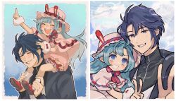  1boy 1girl ^_^ aeon_(shining_nikki) alternate_costume animal_ear_headwear animal_ears ankle_socks aqua_hair black_coat black_jacket blue_eyes blue_hair blue_sky border bow bowtie bright_pupils brother_and_sister capelet carrying child closed_eyes coat commentary_request day eyelashes fake_animal_ears family_bonding frilled_headwear frilled_romper frills fur_wrist_cuffs grin hair_between_eyes hand_on_another's_head happy hat height_difference highres hino_(8) holding_another's_ankle jacket layered_sleeves light_blush long_hair long_sleeves marina_(shining_nikki) mary_janes mob_cap multiple_views nikki_(series) ocean open_clothes open_coat open_mouth outline outside_border parted_bangs pink_capelet pink_hat pink_romper pointing pointing_up rabbit_ears red_bow red_bowtie red_shoes shining_nikki shoes short_hair shoulder_carry siblings sky sleeves_past_wrists smile socks tareme teeth turtleneck turtleneck_jacket upper_teeth_only v very_long_hair white_border white_outline white_pupils white_socks white_wrist_cuffs wrist_bow wrist_cuffs zipper 