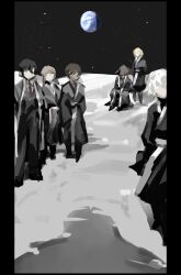  3boys 3girls black_coat black_hair black_kimono black_pants black_suit blade_lineage_(identity)_(project_moon) blonde_hair coat commentary don_quixote_(project_moon) earth_(planet) english_commentary faceless facing_viewer faust_(project_moon) hat highres japanese_clothes jingasa kimono limbus_company meursault_(project_moon) moon multiple_boys multiple_girls necktie outis_(project_moon) pants pillarboxed planet project_moon red_necktie shirt shoggoth_(sirens20211) sinclair_(project_moon) sitting space standing star_(sky) suit unfinished white_hair white_shirt white_trim yi_sang_(project_moon) 