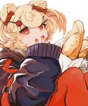  1girl :t absurdres animal_ears arknights baguette black_coat blonde_hair blush bread closed_mouth coat feet_out_of_frame food gummy_(arknights) hair_ornament hairclip hand_on_own_face highres looking_at_viewer pantyhose red_eyes red_nails red_pantyhose shitoro short_hair sitting sleeves_past_wrists solo twintails white_background 