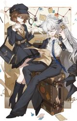  2girls absurdres alternate_costume arknights artist_request belt black_boots black_dress black_hat black_jacket black_pants blue_eyes blue_necktie book book_stack boots brown_hair chinese_commentary closed_mouth collared_shirt commentary_request commission corded_phone crossover detective dress evidence_board full_body glasses grey_hair haibara_ai hair_between_eyes hat high_heel_boots high_heels highres holding holding_magnifying_glass holding_paper holding_pencil holding_phone jacket lappland_(arknights) long_hair long_sleeves looking_at_viewer magnifying_glass meitantei_conan multiple_girls necktie newsboy_cap open_mouth pants paper pencil phone ponytail second-party_source shirt short_hair sitting smile standing suitcase white_shirt 