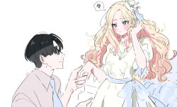  1boy 1girl :< black-framed_eyewear black_hair blonde_hair blue_necktie blush crown dress fingernails gakuen_idolmaster glasses grey_shirt hetero holding_hands idolmaster juo_sena kasasagi_(futagodori888) long_hair mini_crown multicolored_hair necktie pink_hair producer_(idolmaster) shirt spoken_squiggle squiggle streaked_hair sweatdrop two-tone_hair very_long_hair violet_eyes white_dress 