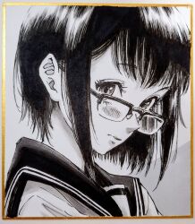  1girl closed_mouth commentary_request expressionless glasses greyscale looking_at_viewer looking_over_eyewear looking_to_the_side makomako1061 monochrome original photo_(medium) portrait rectangular_eyewear sailor_collar shikishi short_hair solo traditional_media wispy_bangs 