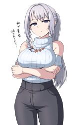  1girl arm_under_breasts black_bow black_pants blue_eyes bow braid breasts commentary_request cowboy_shot crossed_arms grey_hair hair_bow hair_bun hair_intakes highres jewelry large_breasts long_hair magia_record:_mahou_shoujo_madoka_magica_gaiden mahou_shoujo_madoka_magica necklace off-shoulder_sweater off_shoulder pants ponytail ribbed_sweater side_braid simple_background single_braid single_hair_bun sleeveless sleeveless_turtleneck solo star_(symbol) star_necklace sweater translation_request turtleneck turtleneck_sweater white_background yakumo_mitama zwei_(santanawamuujojo) 