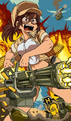  1boy 1girl aircraft baseball_cap beard blonde_hair blue_sky breasts brown_eyes brown_hair brown_hat brown_jacket brown_shorts bullet commentary crop_top explosion facial_hair fio_germi firing galois gameplay_mechanics gatling_gun glasses grin gun hat helicopter holding holding_gun holding_weapon jacket medium_breasts metal_slug midriff minigun navel open_mouth ponytail shell_casing short_shorts shorts sky smile smoke weapon 