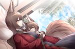  2girls =_= absurdres age_difference aged_down amagi-chan_(azur_lane) amagi_(azur_lane) animal_ear_fluff animal_ears azur_lane between_breasts blue_sky blush breasts bridal_gauntlets brown_tail closed_mouth clouds cloudy_sky commentary dated_commentary dual_persona dutch_angle fox_ears fox_girl fox_tail from_side gloves hair_ornament head_between_breasts highres hug japanese_clothes kimono large_breasts long_hair lying lying_on_person multiple_girls on_back on_stomach pillow print_kimono red_kimono samip sidelocks sky sleeping smile tail tree unmoving_pattern violet_eyes wide_sleeves window 