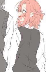  2girls asanagi_yori black_hair blush braid commentary grey_sweater_vest half_up_braid highres kino_himari medium_hair multiple_girls nuooooodoomo open_mouth orange_eyes orange_hair sasayaku_you_ni_koi_wo_utau school_uniform shirt simple_background sweater_vest white_background white_shirt 