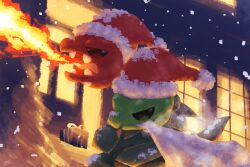  box breath_weapon breathing_fire christmas christmas_present closed_mouth clothed_pokemon commentary_request ewokakukaede fangs fire flamethrower_(pokemon) gift gift_box hat mouth_hold multiple_heads open_mouth pokemon pokemon_(creature) pokemon_move red_hat sack santa_hat scovillain snowing solo tongue white_bag window 