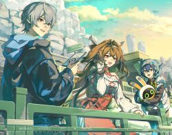  1boy 2girls aketohgo bandana bandana_around_neck bangboo_(zenless_zone_zero) beanie belle_(zenless_zone_zero) black_jacket blue_hair breasts brother_and_sister brown_hair commentary cowboy_shot day english_commentary eous_(zenless_zone_zero) green_eyes grey_hair grey_hat hair_between_eyes hair_ornament hairband hat highres holding holding_phone hood hood_down hooded_jacket jacket long_hair long_sleeves multiple_girls open_mouth orange_bandana outdoors phone railing red_eyes red_nails shirt short_hair siblings smile standing teeth upper_teeth_only wise_(zenless_zone_zero) ye_shunguang ye_shunguang_(touch_of_dawnlight) zenless_zone_zero 