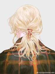  1boy blonde_hair facing_away from_behind grey_background highres long_hair male_focus non-web_source plaid_clothes plaid_shirt ponytail pulppunk001 shirt simple_background solo upper_body 