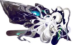  1girl abyssal_ship akira_(kadokawa) bare_legs barefoot blue_eyes cracked_skin dress fingernails glowing glowing_eyes green_eyes horns kantai_collection long_hair monster nail_polish official_art pale_skin short_dress simple_background solo submarine_princess teeth third-party_source toenail_polish toenails torpedo transparent_background very_long_hair white_dress white_hair 