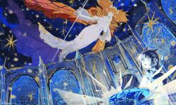  1girl 1other :< animal_ears braid cat_ears cat_girl commentary_request drasonsong dress faceless facial_mark fairy fairy_wings feo_ul final_fantasy final_fantasy_xiv floating hand_up highres holding holding_staff korean_commentary long_hair mage_staff miqo'te orange_hair sky staff stained_glass star_(sky) starry_sky sweatdrop tiara treasure_chest twintails twitter_username warrior_of_light_(ff14) white_dress wings 