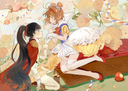  2girls apple ascot belt belt_buckle black_hair blue_vest blunt_bangs blush_stickers boots bow bowtie brown_belt brown_boots brown_hair buckle cape cardcaptor_sakura closed_mouth coffin collared_shirt crossdressing crossdressing_(ftm) daidouji_tomoyo day double_bun dress_pants epaulettes flower food food_bite frilled_boots frilled_shirt frilled_skirt frilled_thigh_strap frills from_side fruit gloves green_eyes hair_bow hair_bun hair_intakes hairband happy high_collar high_heels high_ponytail highres holding_hands kinomoto_sakura knee_up lace-trimmed_gloves lace-trimmed_sleeves lace_trim layered_skirt long_hair long_sleeves medici_collar multiple_girls nengo no_mouth outdoors pants petals pink_flower pink_rose pleated_skirt pointy_nose ponytail puffy_short_sleeves puffy_sleeves pumps red_bow red_bowtie red_cape red_hairband red_shoes rope rose shadow shimenawa shirt shoes short_hair short_sleeves showgirl_skirt sitting skirt skirt_bow sleeve_cuffs smile snow_white_(fairy_tale) striped_bow striped_clothes striped_skirt surprised thigh-highs thigh_strap vertical-striped_clothes vertical-striped_skirt vertical-striped_sleeves very_long_hair vest violet_eyes wavy_hair white_ascot white_bow white_gloves white_pants white_shirt white_thighhighs yellow_flower yellow_rose yellow_skirt yellow_sleeves yuri 
