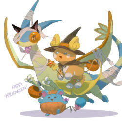  :3 alolan_raichu alternate_color animal_ears animal_focus bad_id bad_pixiv_id bandaged_head bandaged_neck bandaged_tail bandaged_wings bandages black_cape black_eyes black_hat blue_eyes blush_stickers bright_pupils butter_(oshi8kyoumoh) candy cape cat_ears claws clothed_pokemon commentary eating elbow_carry english_text fake_animal_ears floating flygon food full_body halloween halloween_bucket hands_up happy happy_halloween hat holding holding_candy holding_food holding_lollipop holding_wand leg_up lollipop looking_afar looking_at_another looking_to_the_side marill mouth_hold no_humans objectification open_mouth pokemon pokemon_(creature) pumpkin_costume shiny_pokemon simple_background smile standing standing_on_one_leg staryu walking wand white_background white_pupils witch_hat 