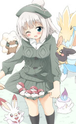  1girl adapted_costume alternate_costume black_socks blush cardigan collared_shirt commentary_request cosplay crossover gloria_(pokemon) gloria_(pokemon)_(cosplay) green_cardigan green_hat green_sweater hat highres hood hooded_cardigan kneehighs konpaku_youmu long_sleeves medium_hair open_mouth pleated_skirt poke_ball pokemon pokemon_(creature) pokemon_swsh shirt shishiky skirt skirt_basket smile socks sweater tam_o'_shanter touhou white_shirt 